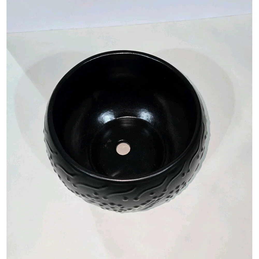 Black Round Planter 7 X 5 Inches Tall Hand Painted Mexican Art Clay Pot